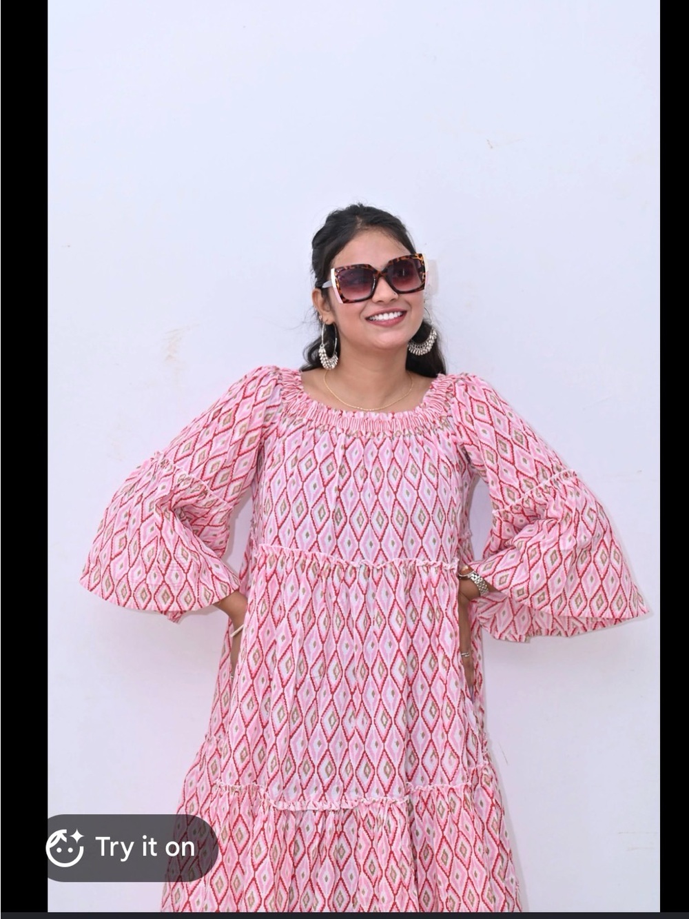 Hand Crafted Pink Patterned Tiered Maxi Dress w/ Bell Sleeves
